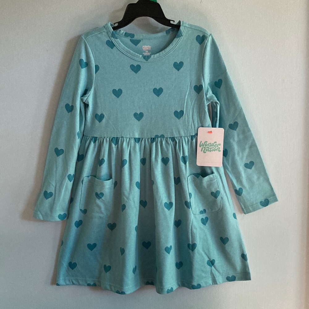 Wonder Nation Light Teal Blue Heart Print Long Sleeve Dress 5T